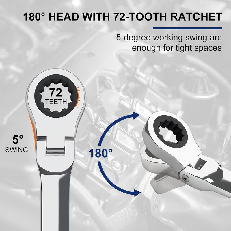 Egofine 10mm Ratchet Wrench Flex Head, Ratcheting Combination Wrench Metric, Industrial Grade Gear Spanner with 12 Point Box End, 72-Teeth Ratchet, Chrome Vanadium Steel - Image 3